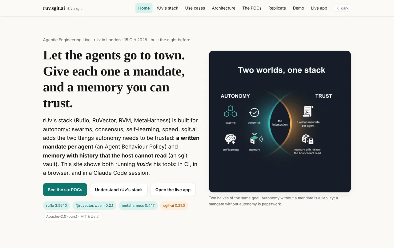 The home page at v0.1.0: the headline 'Let the agents go to town. Give each one a mandate, and a memory you can trust.', a flat navigation of eight links, and an AI-generated infographic 'Two worlds, one stack'