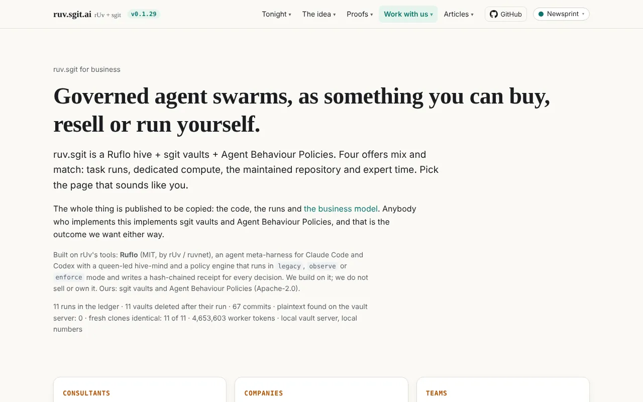 The business overview page, 'ruv.sgit for business': governed agent swarms, as something you can buy, resell or run yourself