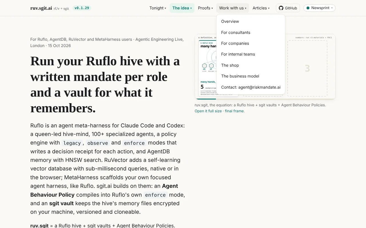 The home page with the Work with us group open (Overview, For consultants, For companies, For internal teams, The shop, The business model, Contact), beside the other groups Tonight, The idea, Proofs and Articles