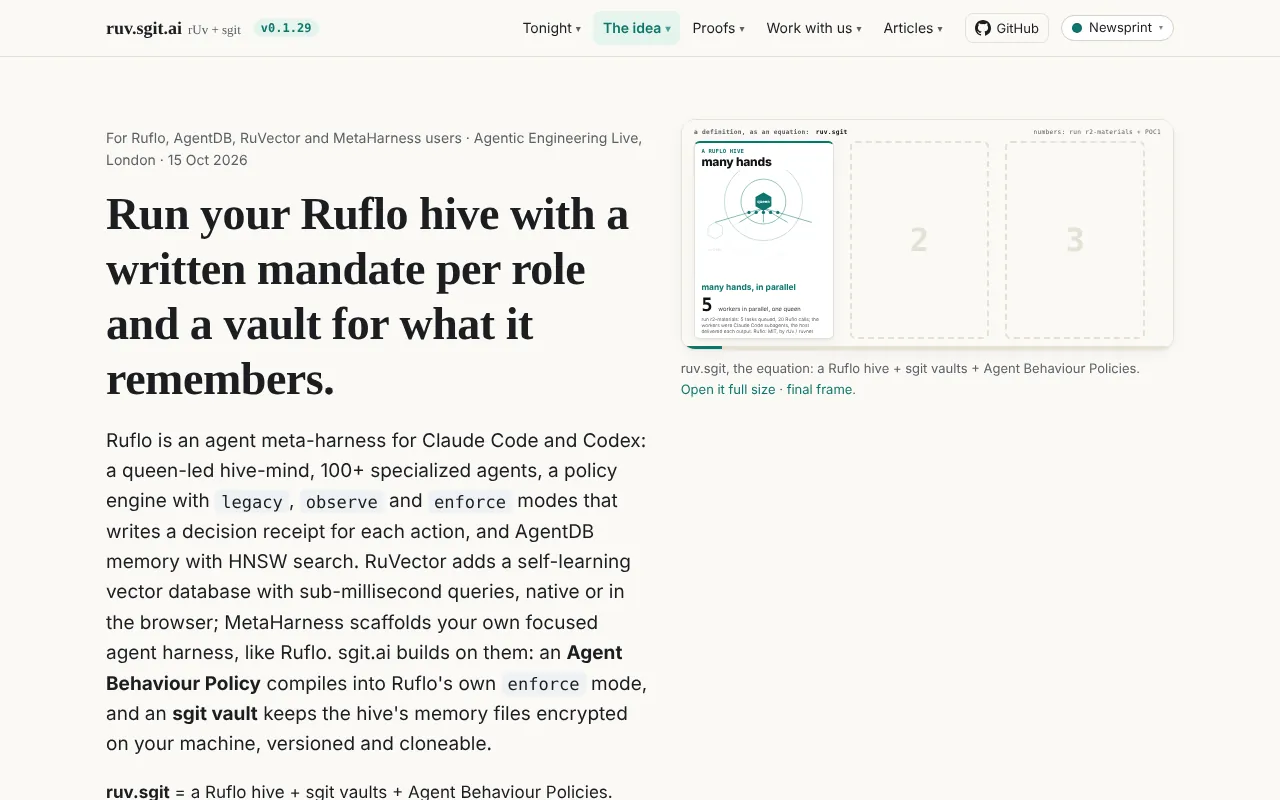 The ruv.sgit.ai home page at v0.1.29 on 16 October 2026, headed 'Run your Ruflo hive with a written mandate per role and a vault for what it remembers.', addressed to Ruflo, AgentDB, RuVector and MetaHarness users and to the talk at Agentic Engineering Live
