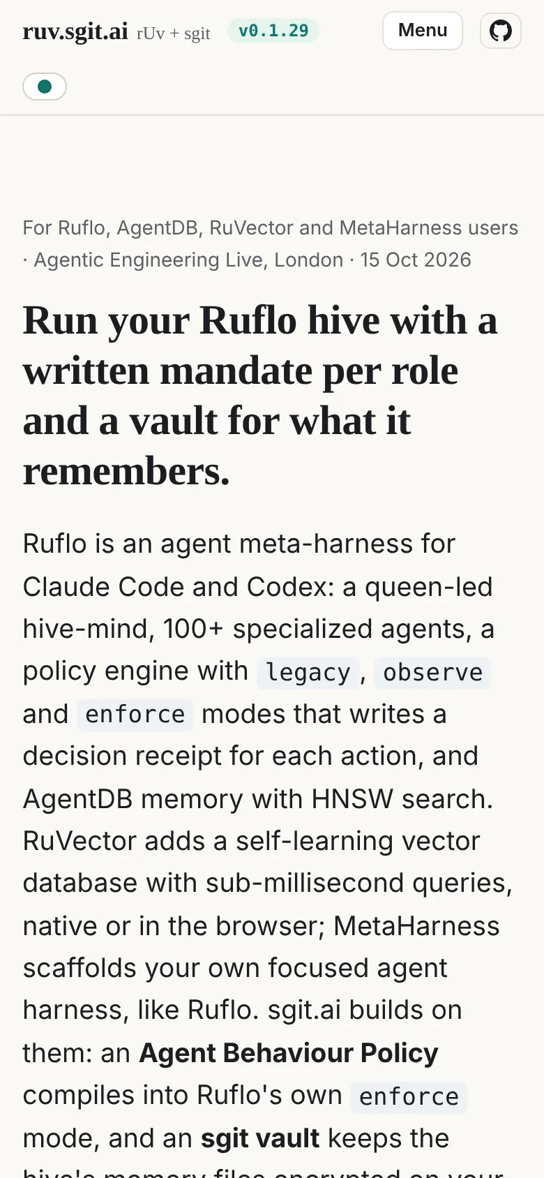 The home page at v0.1.29 on a phone-sized screen, with the Menu button
