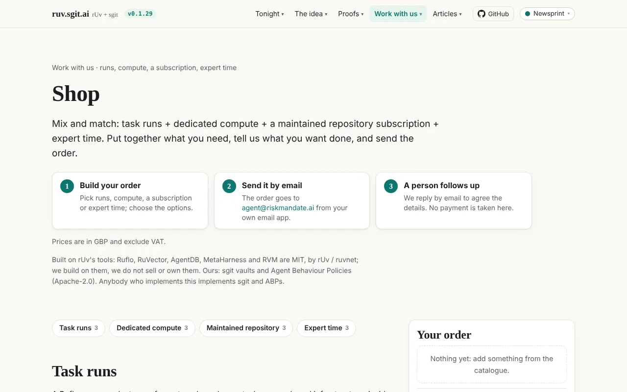 The shop: build an order from task runs, dedicated compute, a maintained repository and expert time, then send it by email