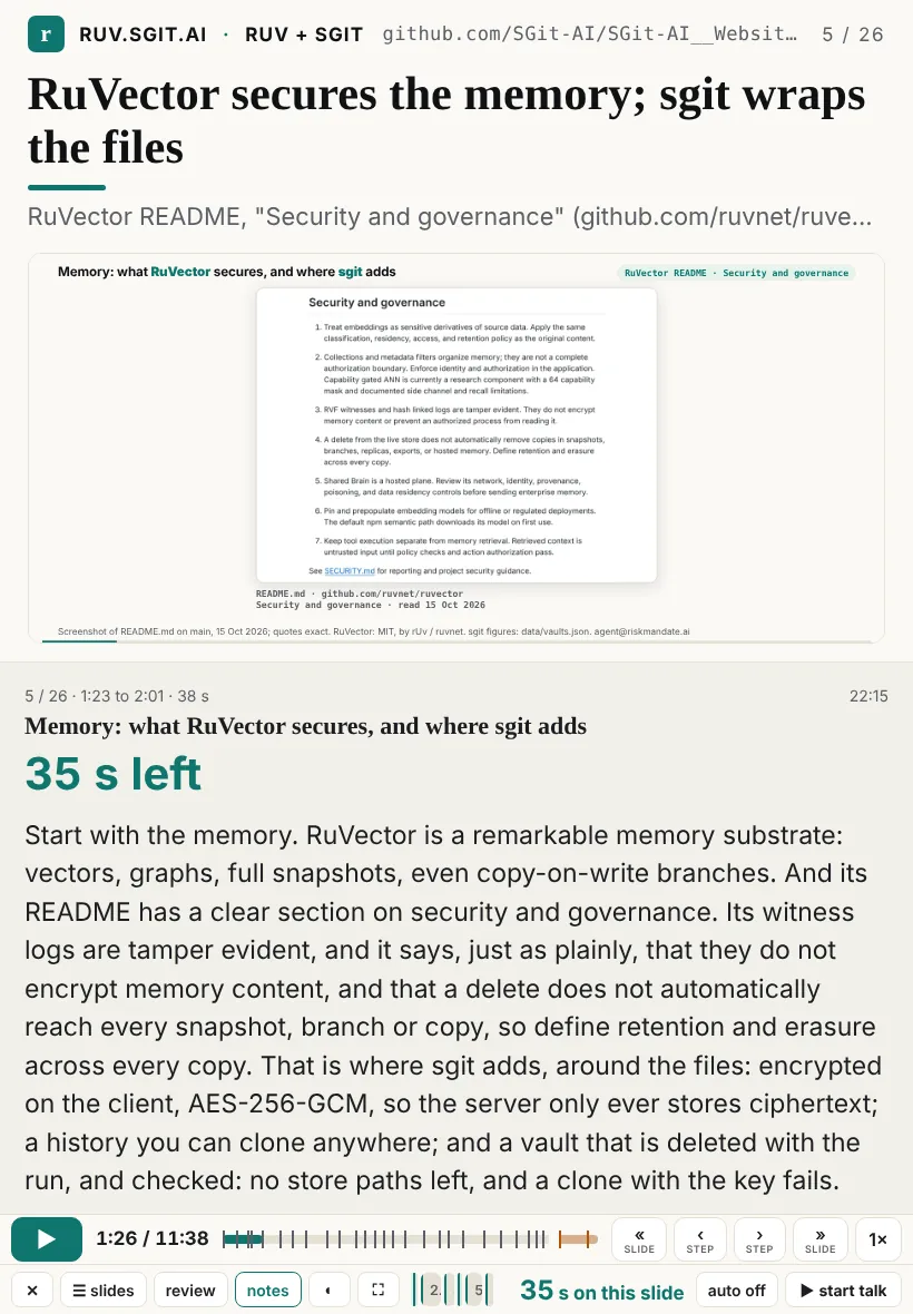 The player at iPad portrait size, 820 by 1180, with presenter notes: the RuVector slide at the top showing its README's Security and governance section, the notes below with '35 s left' and the spoken words, and the control bar at the bottom.