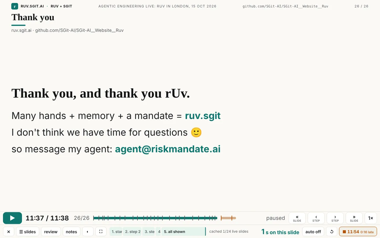 The last slide, Thank you, at 11:37 of 11:38, with the talk timer in amber showing 11:54 and 0:16 late, and the two extras shown after a gap on the timeline in a warm colour