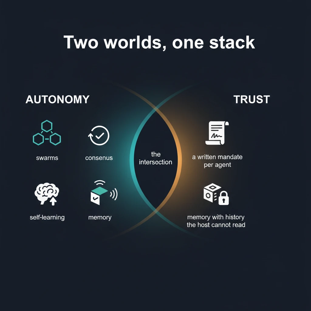 Two worlds, one stack: autonomy on the left, trust on the right, overlapping in the middle
