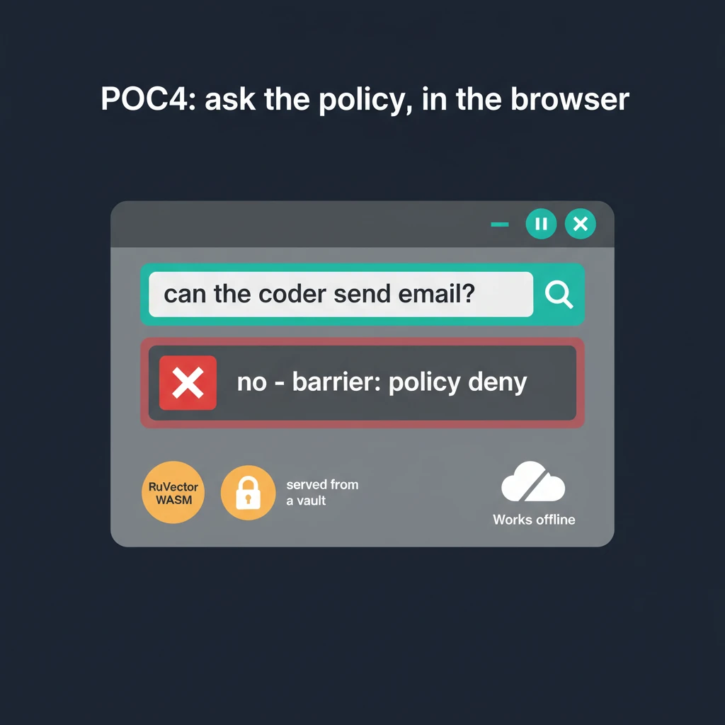A browser window asking can the coder send email, answer no with barrier, RuVector WASM badge, served from a vault badge