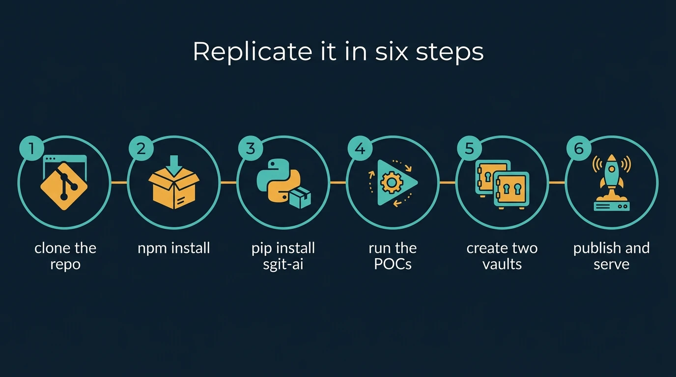 Six steps: clone the repo, npm install, pip install sgit-ai, run the POCs, create two vaults, publish and serve