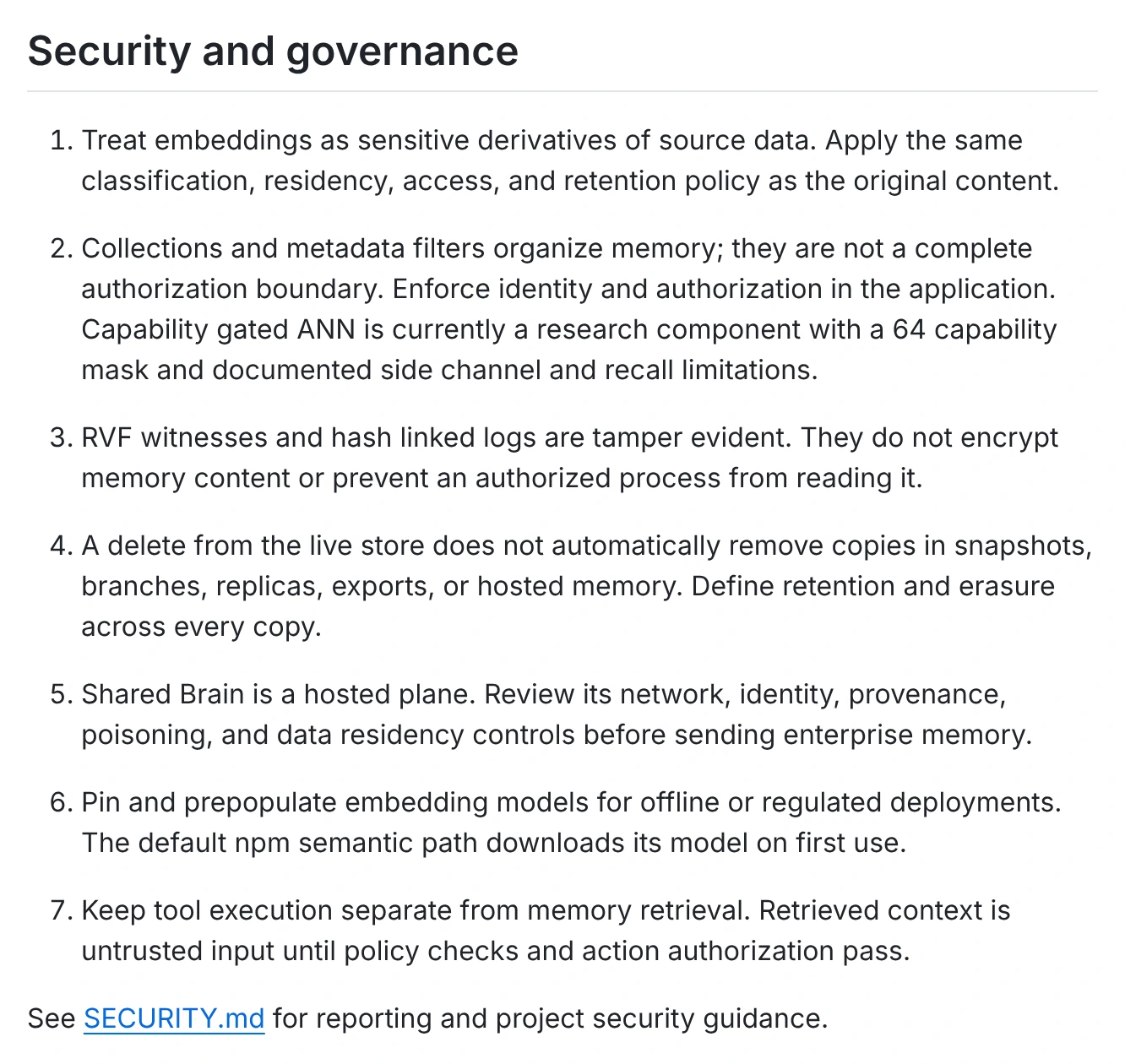 Screenshot of the RuVector README on github.com: the section Security and governance, items 1 to 7